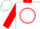 White, red circle design, red collar, red sleeves, white o, white cuffs
