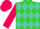 Lime green, turquoise diamonds, hot pink sleeves, matching cap