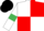 White and red (quartered), white sleeves, emerald green armlets, black cap