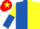 Royal blue and yellow (halved), sleeves reversed, red cap, yellow star