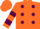 Orange, maroon dots, maroon hoops on sleeves, orange cap