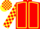 Red, yellow seams, checked sleeves and cap
