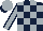 Dark blue and silver checks, silver sleeves, dark blue seams, silver cap, dark blue peak