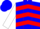 Blue, blue chevrons on white framed red panel, red chevrons on white sleeves