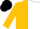 Gold, white halves, black 'v', gold sleeves, black cap