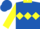 royal blue, yellow diamond hoop, collar and sleeves, royal blue cuffs, yellow diamonds on cap