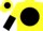 Yellow, yellow 'rk' on black ball, yellow and black halved sleeves