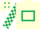 cream, dark green hollow box, cream and dark green checked sleeves, dark green diamonds on cap