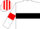 white, red and black hoop, red armlets, red stripe on cap