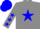 Grey, blue star, blue stars on sleeves, blue cap