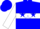 Blue, white hoop, blue stars on white sleeves, blue cap