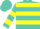 Turquoise, yellow hoops, yellow bars on sleeves