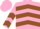 Pink, brown 'crown' brown 'screamin sandy' on front, brown chevrons