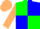 Green body, blue quartered, beige arms, beige cap