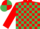 red, emerald green check, red sleeves, quartered cap