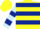 Yellow, light blue and dark blue hoops and hoops on sleeves, dark blue cuffs, yellow cap