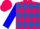 Hot pink, royal blue diamonds, hot pink bars on blue sleeves, hot pink cap