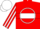 Red, white circle, white hoop on and stripe on sleeves, white cap
