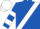 Royal blue, white sash, white hoops on sleeves, white cap