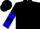Black, blue 'jm' in black circle, blue chevrons on sleeves