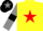 Yellow body, red star, grey arms, black armlets, black cap, grey star