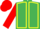 Emerald green, yellow seams, red sleeves and cap