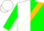 White and green diagonal halves, gold sash, one green sleeves, one white sleeves, white cap