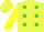 Lemon yellow, brown trimmed lime green dots, lime green and lemon yellow sleeves