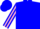 Blue, pink circled 'jrs', pink stripe on sleeves, blue cap