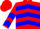 Yllow,red trm, blue chevrons on frnt, blue bands, 'rv' on bck