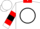 White, black circle, red collar, red hoops on sleeves,  black cuffs on sleeves