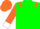 Dayglo green, dayglo orange epaulettes and sleeves, white collar and cuffs, dayglo orange cap