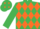 Emerald green & orange diamonds, orange armlet, emerald green cap, orange diamonds