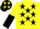 Yellow, black stars, halved sleeves, black cap, yellow stars