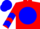 Red, blue ball, blue chevrons on sleeves, blue cap