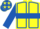 Yellow, royal blue hoop, royal blue seams on sleeves, royal blue cap, yellow stars