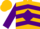 Gold, purple diamond framed 'gf', purple chevrons and cuffs on sleeves