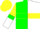 Green, white halved horizontally, yellow hoop, yellow and white halved sleeves, green armlets, yellow cap