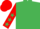 Emerald green, red sleeves, emerald green stars, red cap, emerald star