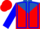 Red, royal blue yoke, black playing cards, blue seams on sleeves, red cap