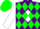 Purple, white diamond, green diamonds on white sleeves, green cap