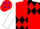 Red and black quarters, blue framed white 'bms', blue framed black and red diamonds on white sleeves