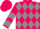 Hot pink, grey diamonds with black flame, grey chevrons on sleeves