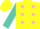 Yellow, turquoise & pink polka dots, turquoise sleeves, yellow bar, pink quarter cuff