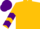 Gold, purple v bib, gold sleeves, purple chevrons and cap