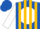 Royal blue, white ball, gold stripes on white sleeves, royal blue cap