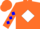 Orange, blue bk in white diamond, orange, white & blue diamonds on sleeves