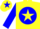 Yellow, 'double t racing' on blue ball, yellow star stripe on blue sleeves