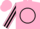 Pink, black 'k' in black black circle, black stripe on sleeves