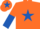 Dayglo orange, royal blue star, halved sleeves, dayglo orange cap, royal blue star